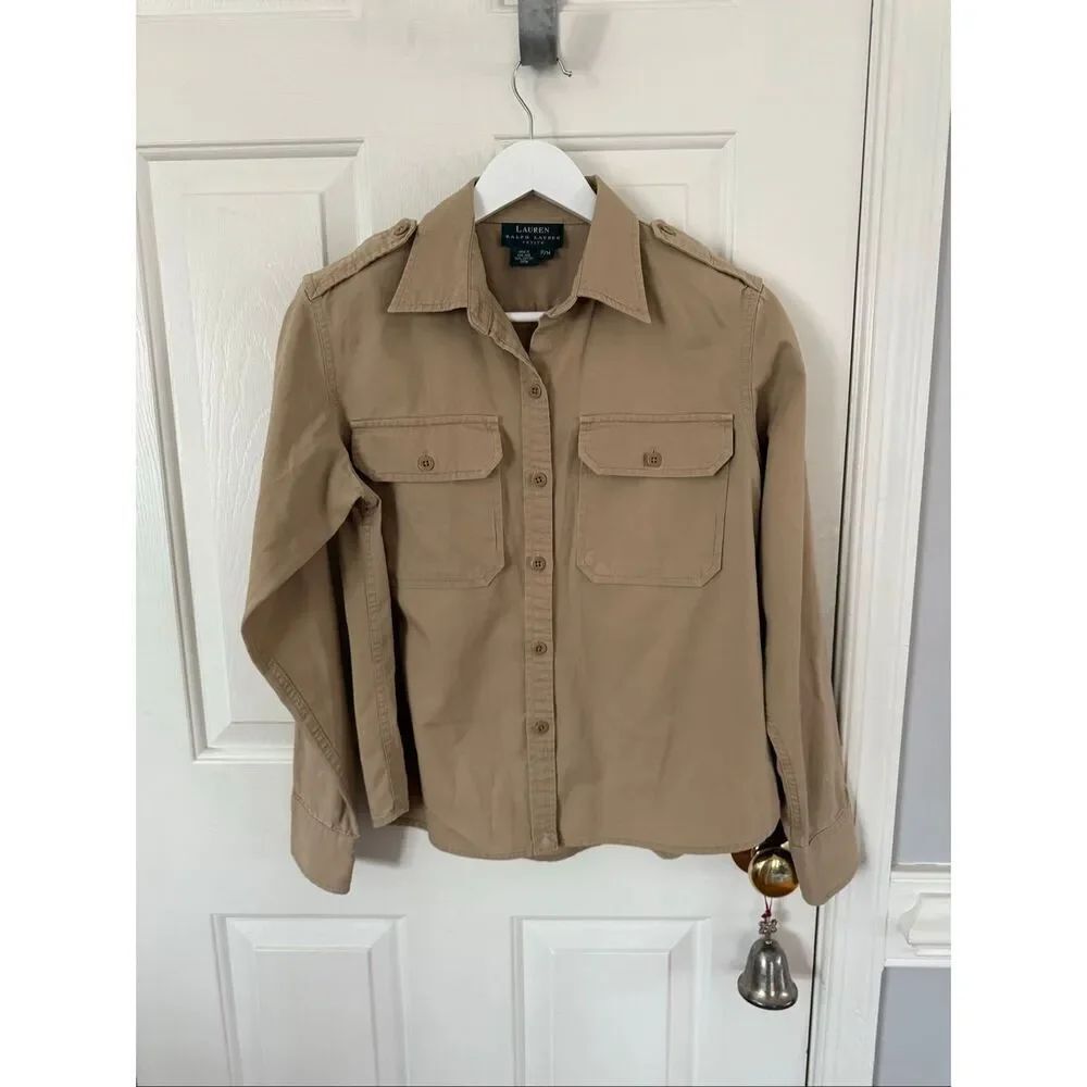 Lauren Ralph Lauren Khaki Tan Classic Button Up Shirt sz MP EUC